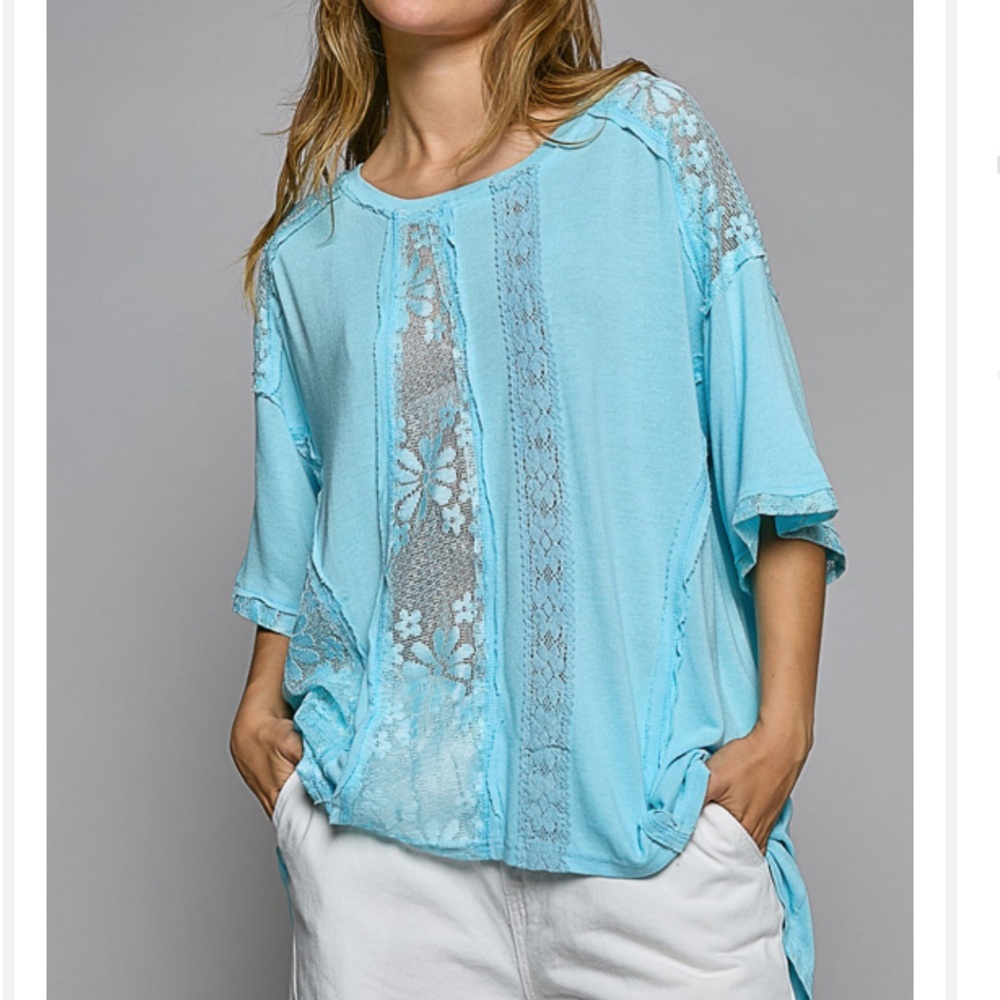 POL Sky Blue Lace-Insert Short Sleeve Tunic